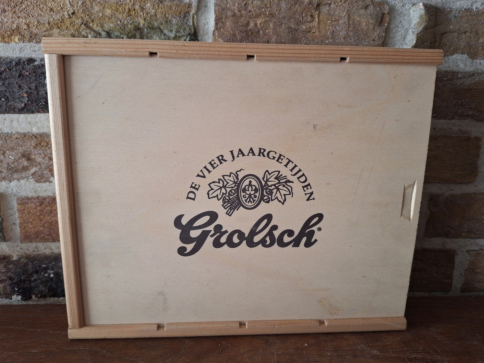Vintage Houten Grolsch Kist – De Vier Jaargetijden 30x24, Ophalen of Verzenden, Overige typen, Grolsch