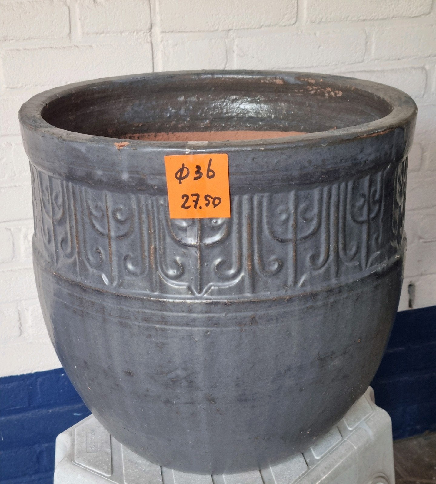 🪴   BLOEMPOT  "OLD BLUE look "             36 cm, Rond, Zo goed als nieuw, Minder dan 40 cm, Terracotta