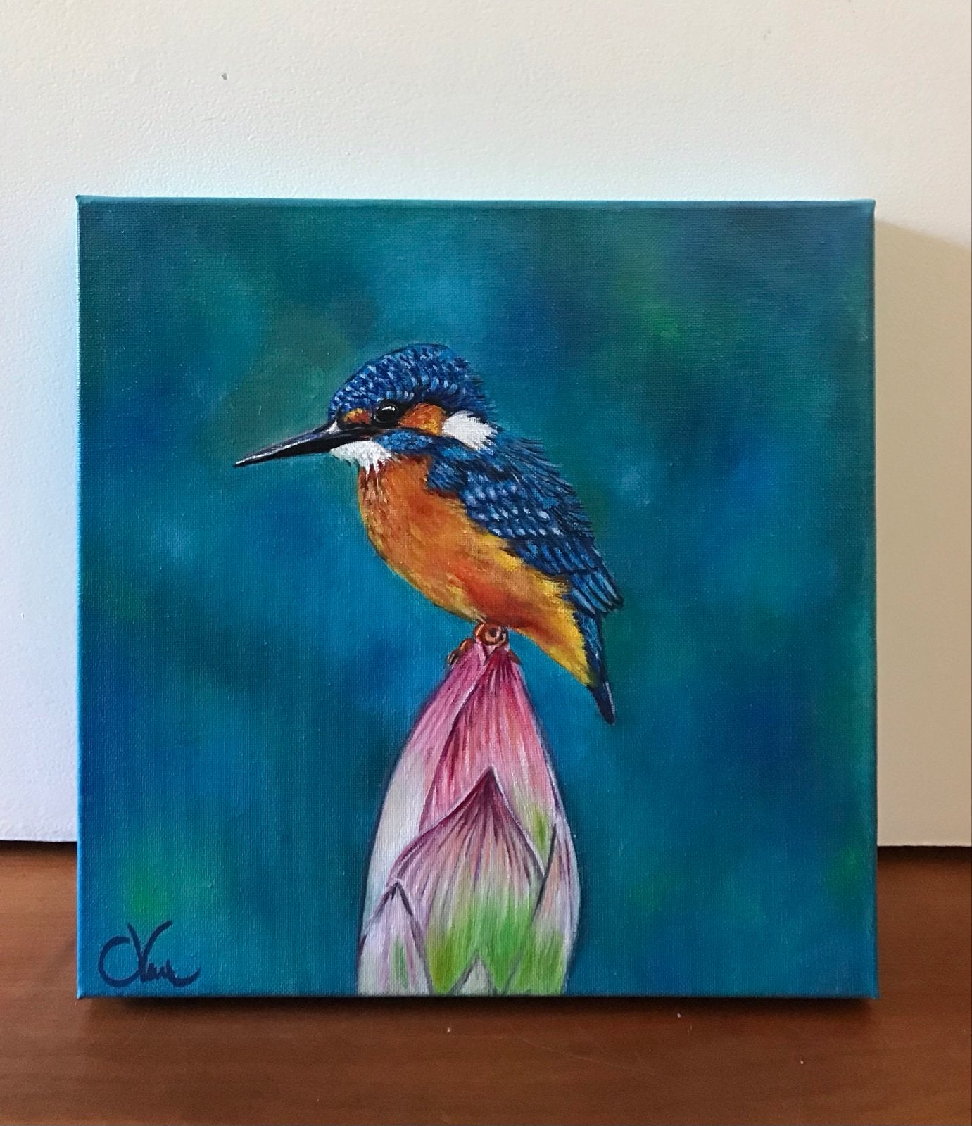 Olieverfschilderij IJsvogel op 3D doek 30x30 cm - Gesigneerd, Handgeschilderd, Ophalen of Verzenden, Dieren, Olieverf