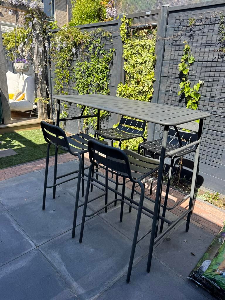 Made Tuintafel / Bartafel met 4 Stoelen - Grijs, Ophalen, Gebruikt, Rechthoekig, Metaal