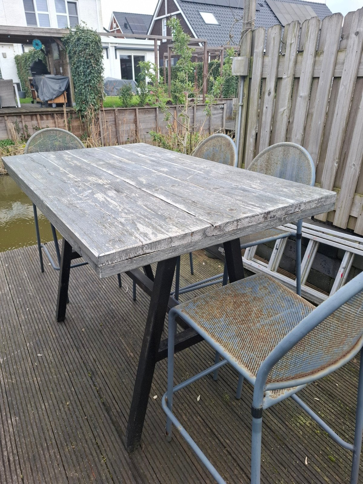 Biertafel met 6 krukken, Ophalen of Verzenden, Gebruikt, Rechthoekig, Hout