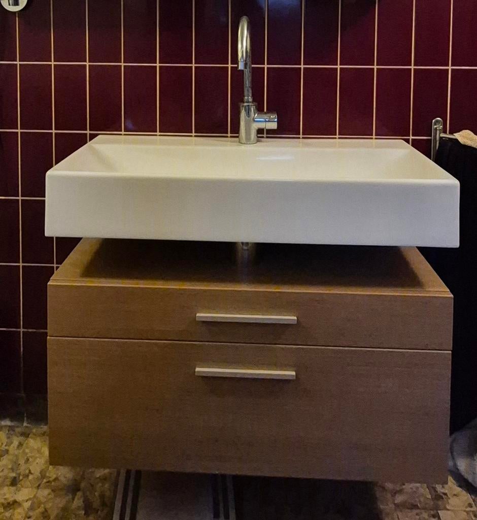 90 cm Wastafelmeubel badkamermeubel wit met hout  grohe, Huis en Inrichting, Badkamer | Badkamermeubels, Ophalen, Gebruikt, 50 tot 100 cm