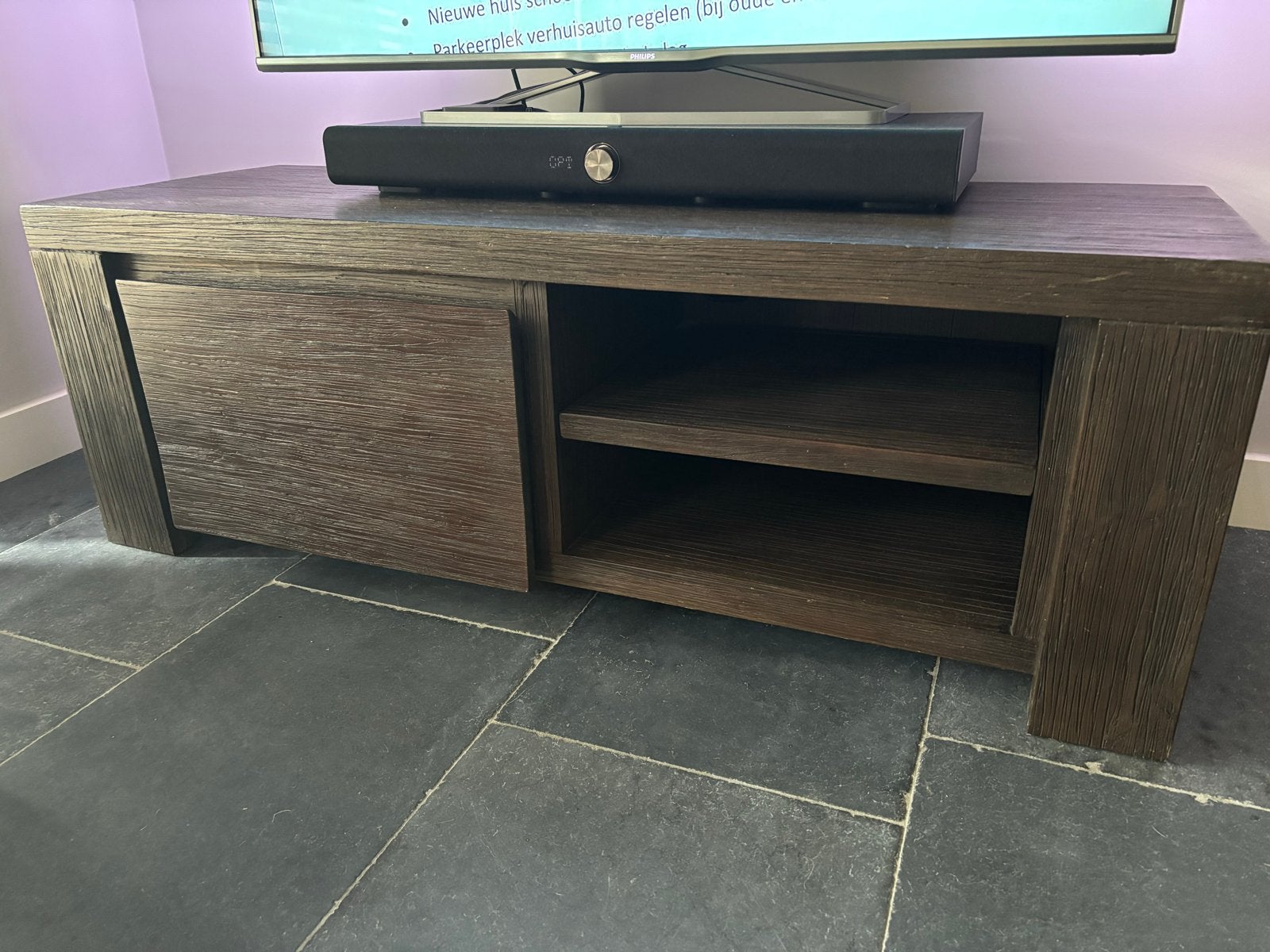TV-meubel met lade en opbergruimte, Ophalen, Gebruikt, 100 tot 150 cm, Minder dan 100 cm