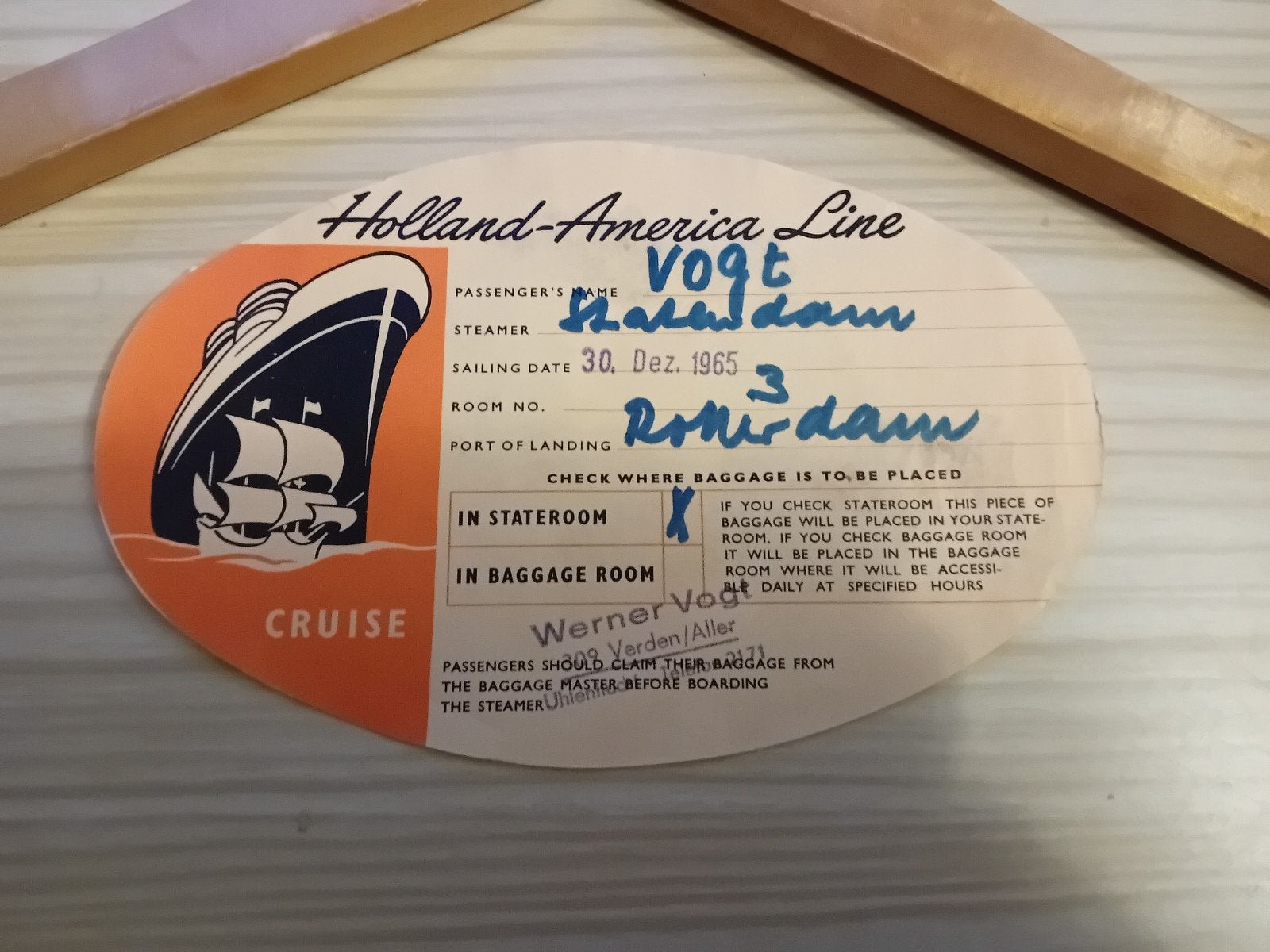 Vintage Holland Amerika Lijn Kledinghanger met Bagagelabel, Ophalen of Verzenden