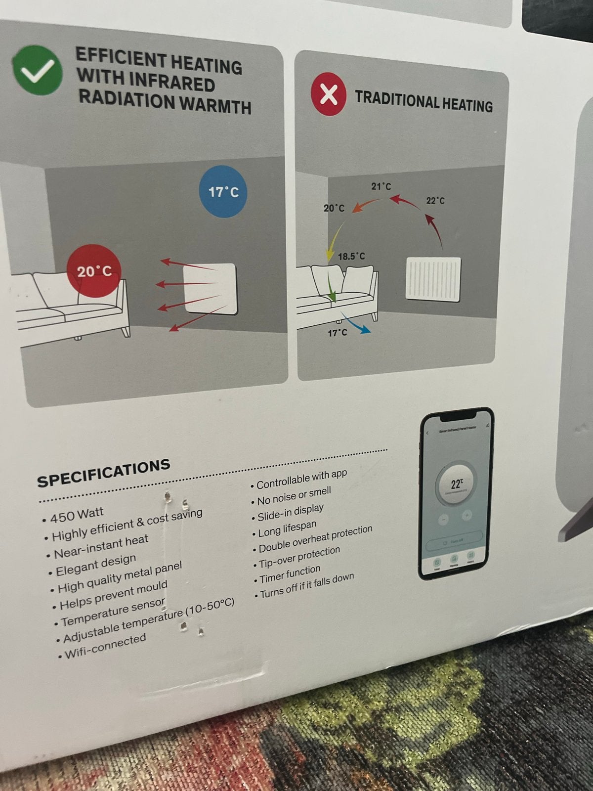 SINJI Smart Infrarood Paneelverwarming 450W, Ophalen, 30 tot 80 cm, Hoog rendement (Hr), Minder dan 60 cm