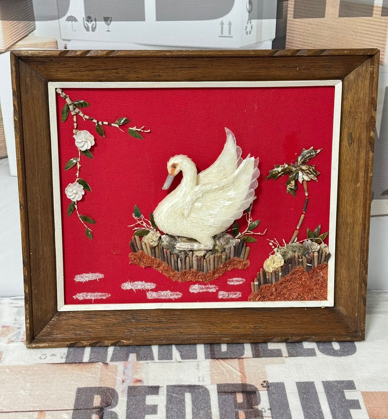 Mooi 3D vintage Zwaan kunstwerk art kunst in houten lijst, Ophalen of Verzenden, Wanddecoratie
