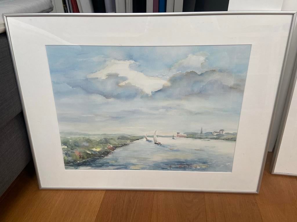 Twee ingelijste aquarellen: serene landschappen met boten, Antiek en Kunst, Ophalen