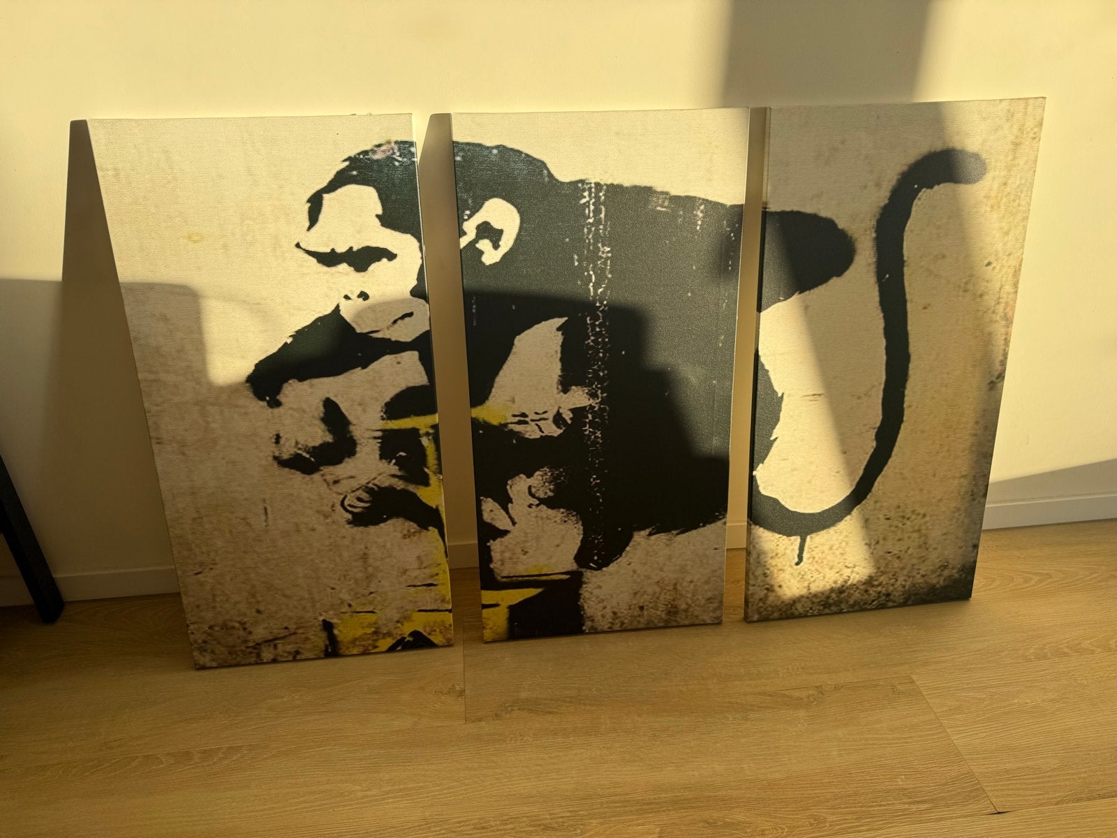 Banksy Apen Schilderij - Drieluik 80x40cm per deel, Antiek en Kunst, Kunst | Schilderijen | Modern, Ophalen, Dieren, Print, Op houten frame