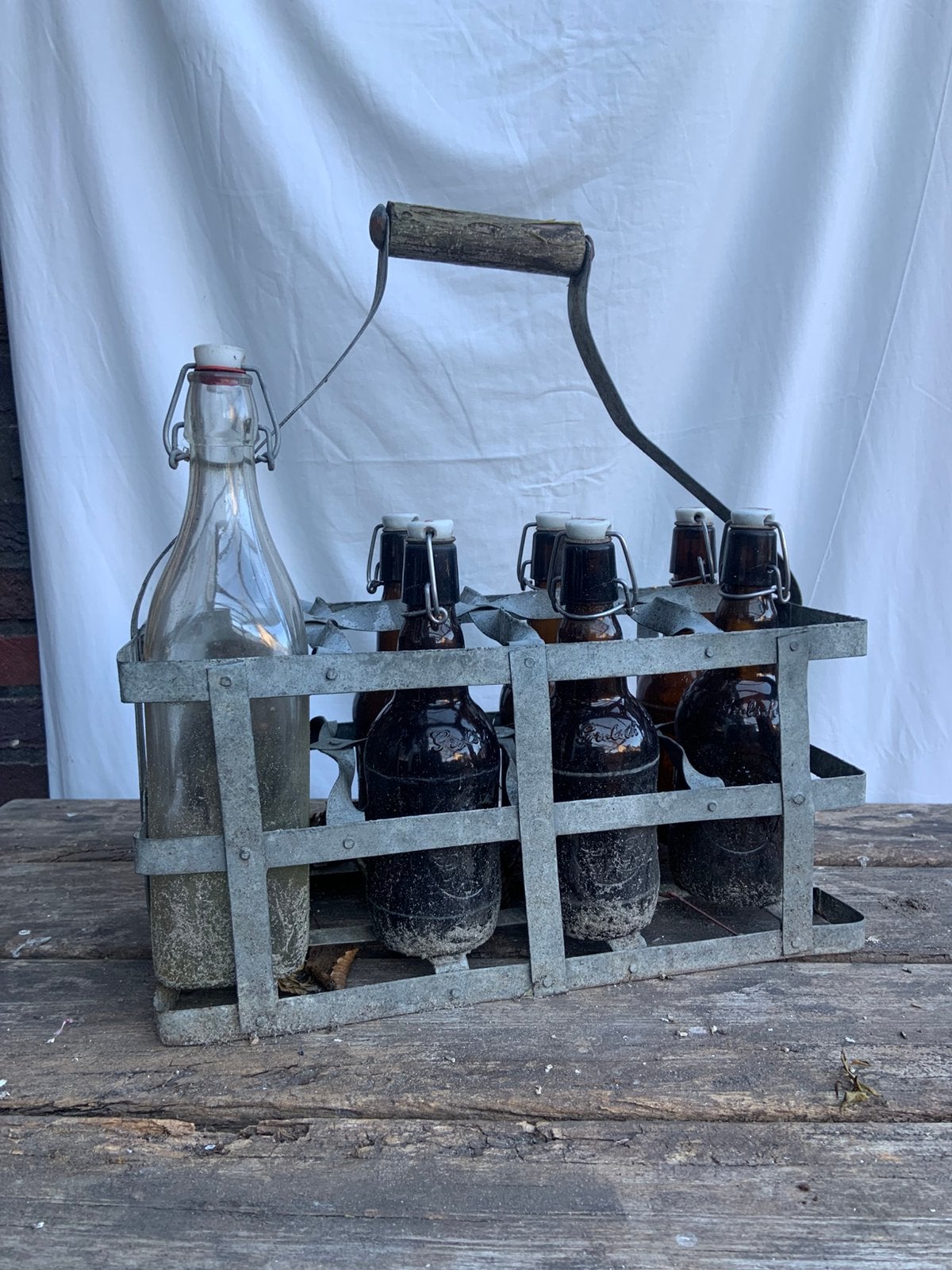 Zinken Franse Flessenhouder brocant vintage tuindecoratie, Ophalen of Verzenden, Gebruikt
