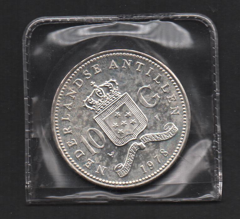 Zilveren 10 Gulden 1978 Antillen Pracht Munt, Koningin Juliana, Zilver, Ophalen of Verzenden, Losse munt