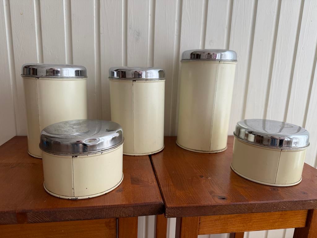 Vintage voorraadblikken set (5 stuks) - Crème/Chroom, Huis en Inrichting, Keuken | Potten en Pannen, Ophalen of Verzenden, Zo goed als nieuw