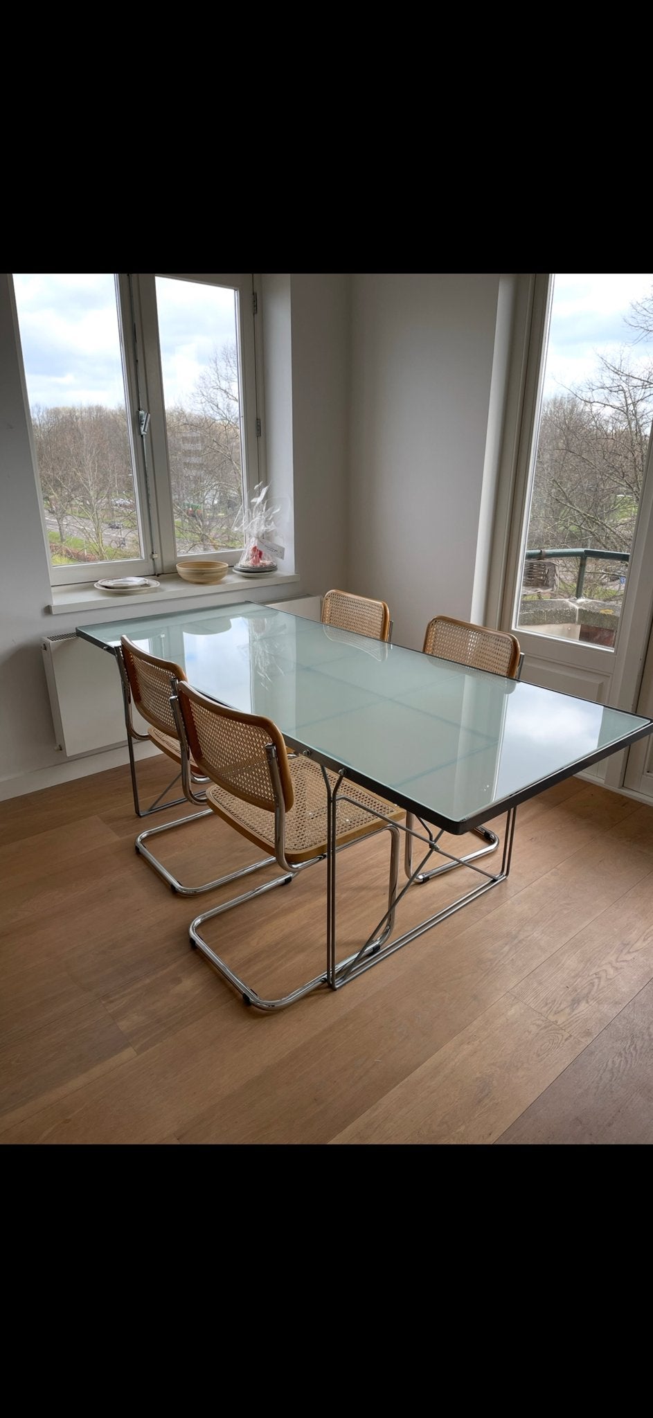 Eettafel met glazen blad en chromen onderstel (85x70x200cm), Ophalen, Gebruikt, 50 tot 100 cm, Glas