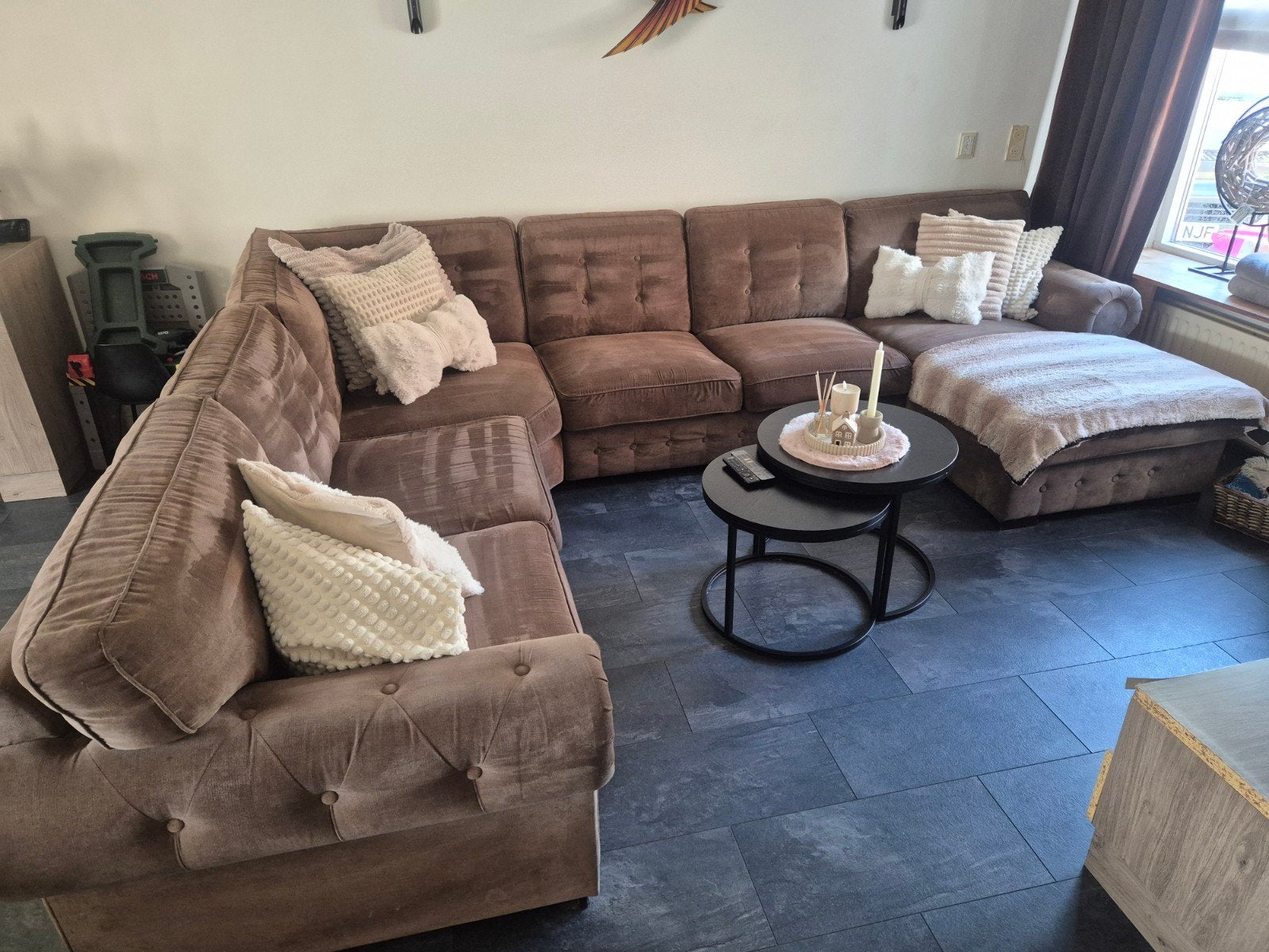 bruine hoekbank met loungestuk, Ophalen, Gebruikt, Hoekbank, 300 cm of meer