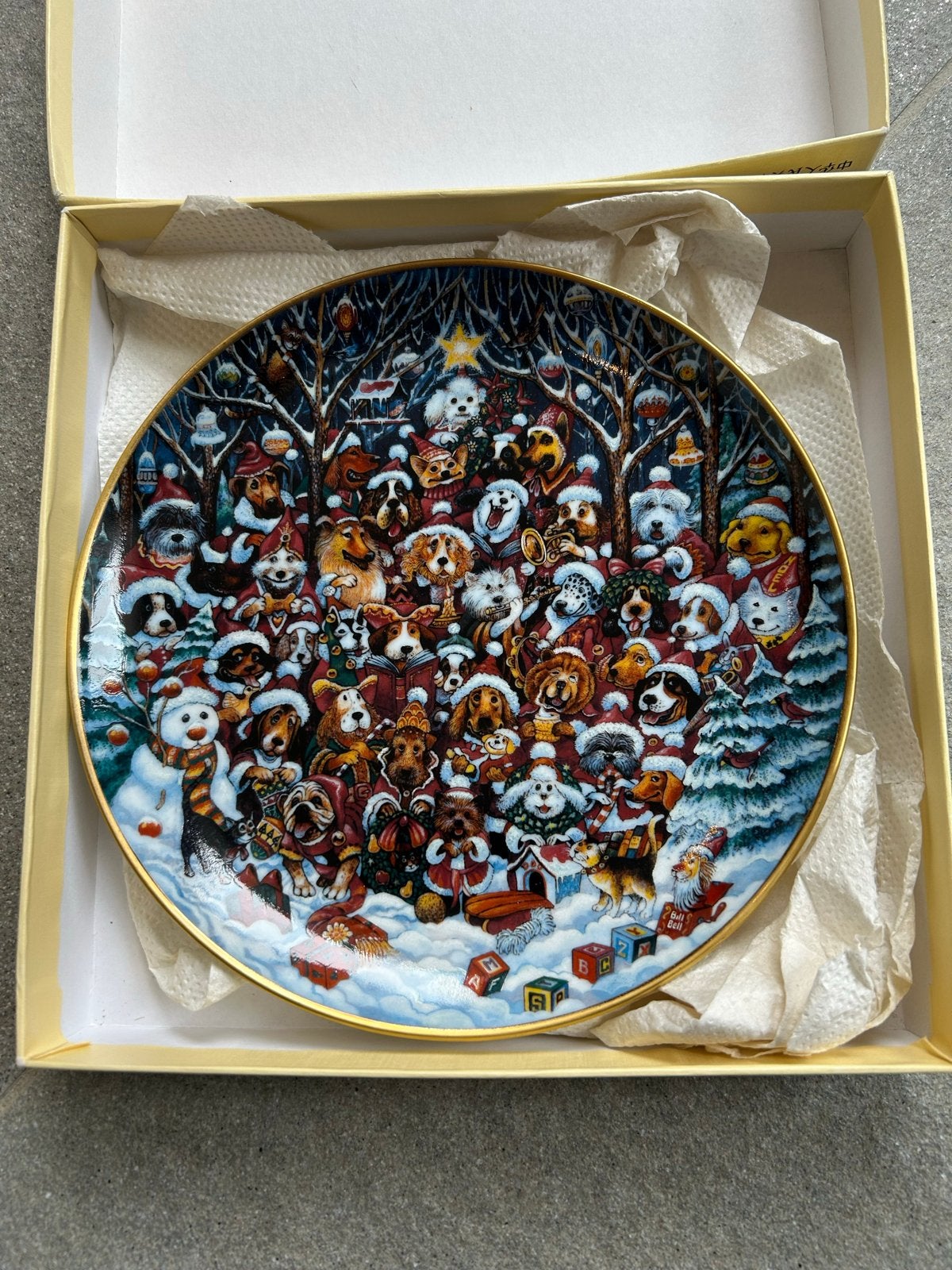 Franklin Mint Santa Paws Kerstbord /hondjes in winterbos, Antiek en Kunst, Ophalen of Verzenden
