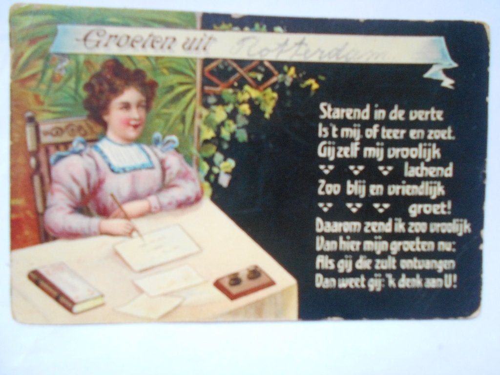 Antieke Ansichtkaart Groeten uit Dame aan Bureau met gedicht, Ophalen of Verzenden, Voor 1920, Gelopen, Overige thema's