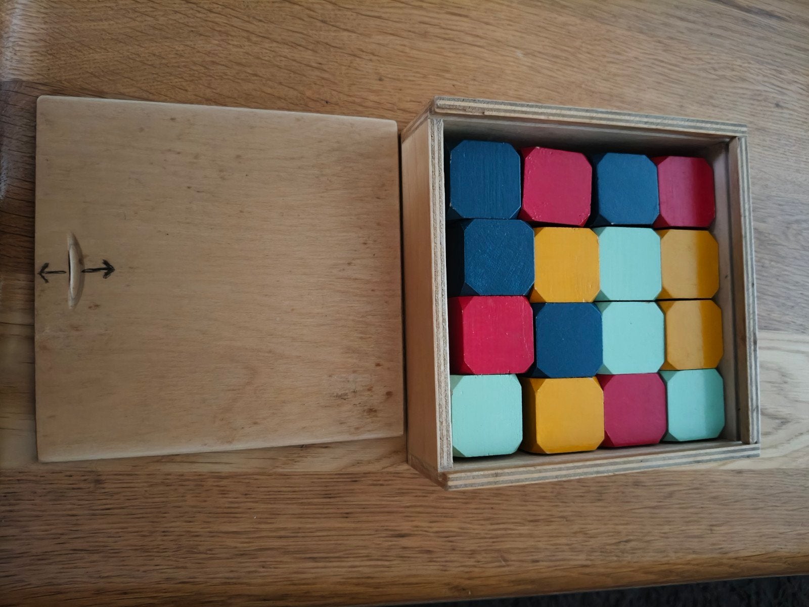 Houten blokken puzzel in doosje - veel gebruikt, nog goed, Ophalen, Gebruikt, Bouwen