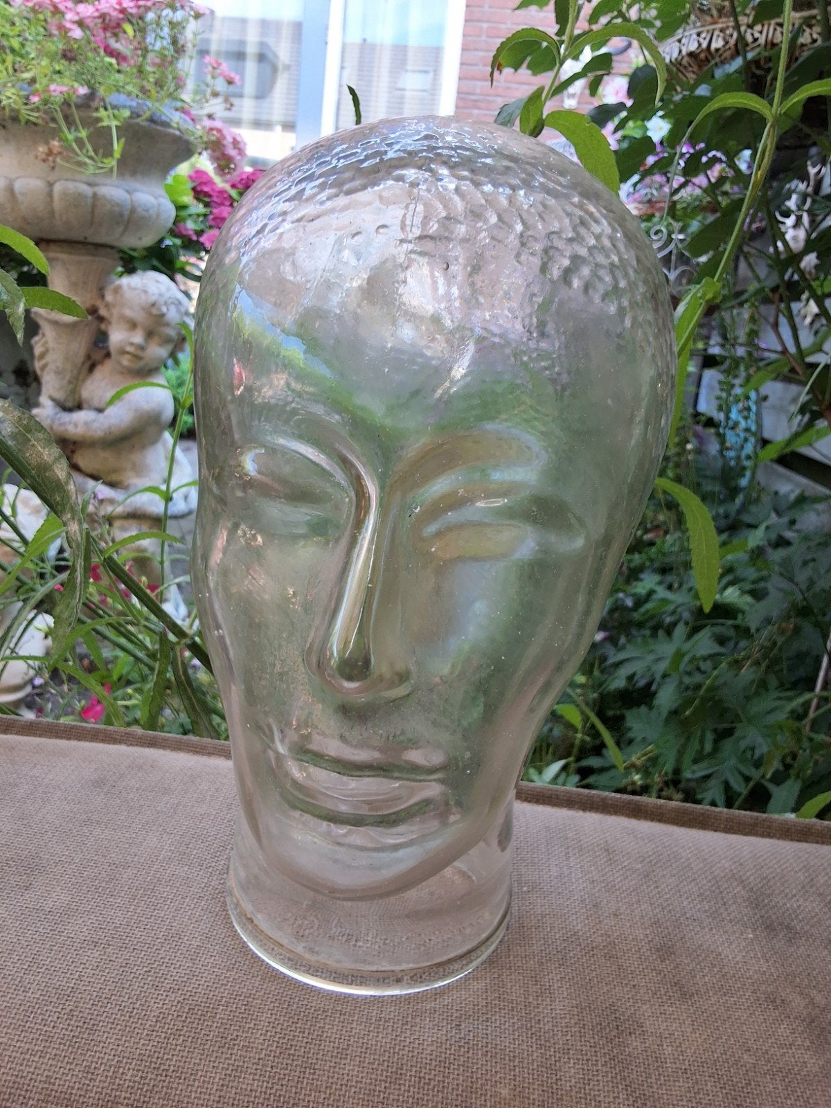 Glazen etalage hoofd voor hoeden of pruiken design vintage, Ophalen of Verzenden