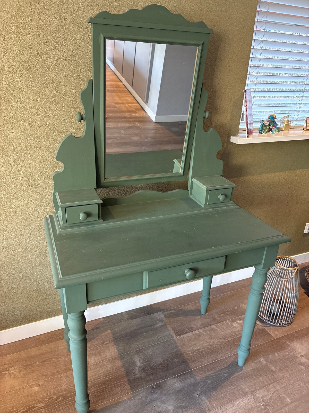 Vintage Groene Kaptafel met Spiegel en Lades, Ophalen, Gebruikt, 100 tot 150 cm, 50 tot 100 cm