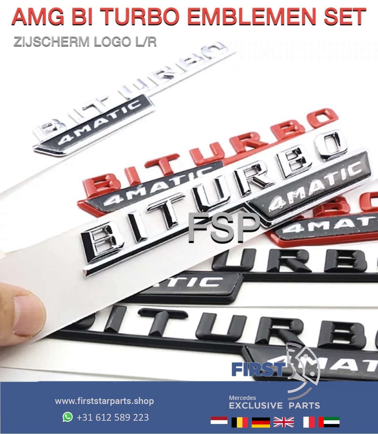 ZIJSCHERM BI TURBO EMBLEEM SET AMG A45 CLA45 GLA45 C63 E63 G, Gebruikt, -, Ophalen of Verzenden, -