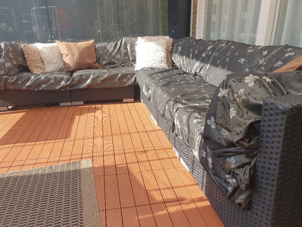Tuinset 5-6 persoons zwart gevlochten kunststof met kussens, Ophalen, Kunststof, Gebruikt, 6 zitplaatsen