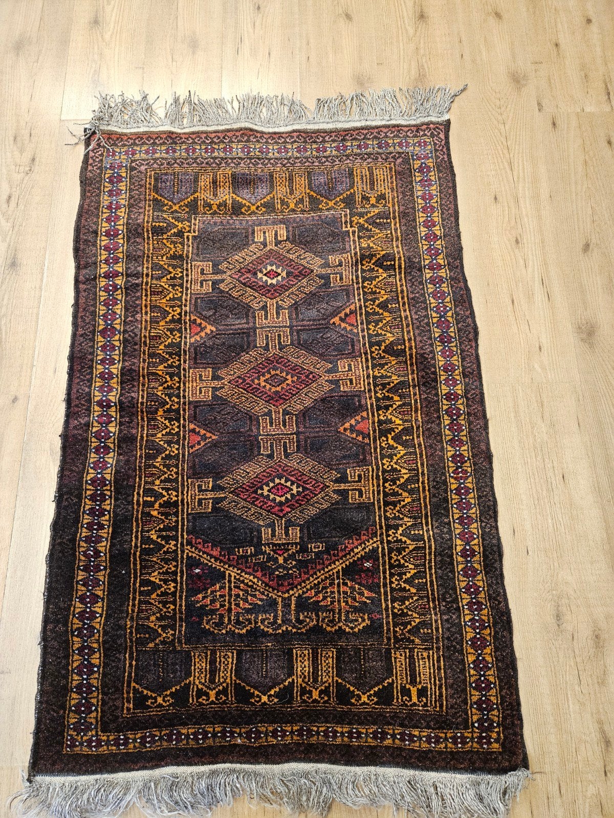 Vintage handgeknoopt perzisch tapijt beloutch 148x88, Info@SlatsAntiek.nl, Tweedehands, 100 tot 150 cm, Geel