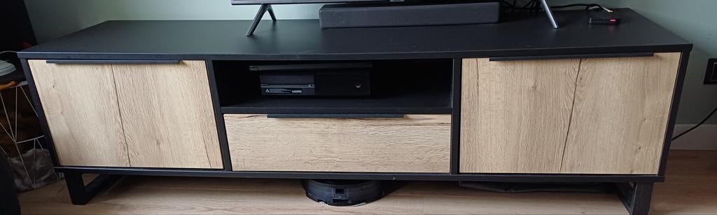 Modern tv-meubel - Zwart/Houtlook - Woonexpress Zundert, Gebruikt, Modern, Industrieel, 150 tot 200 cm, Minder dan 100 cm