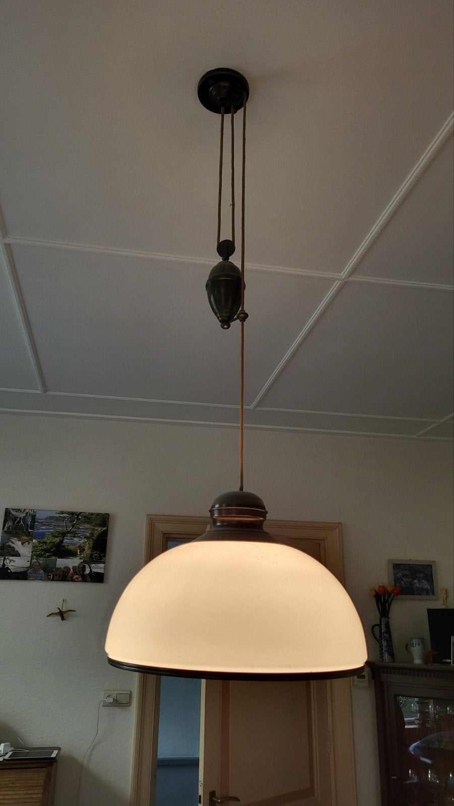 Vintage plafondlamp met katrolsysteem, Gebruikt, E27 (groot), Ophalen of Verzenden, Vintage, Klassiek, Antiek