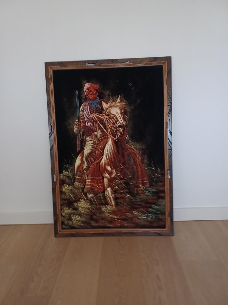 Schilderij indiaan op paard geschilderd op zwart velours!, Ophalen