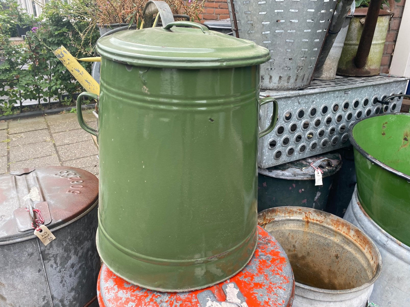 Groen emaille emmer met deksels, Antiek en Kunst, Antiek | Emaille, Ophalen