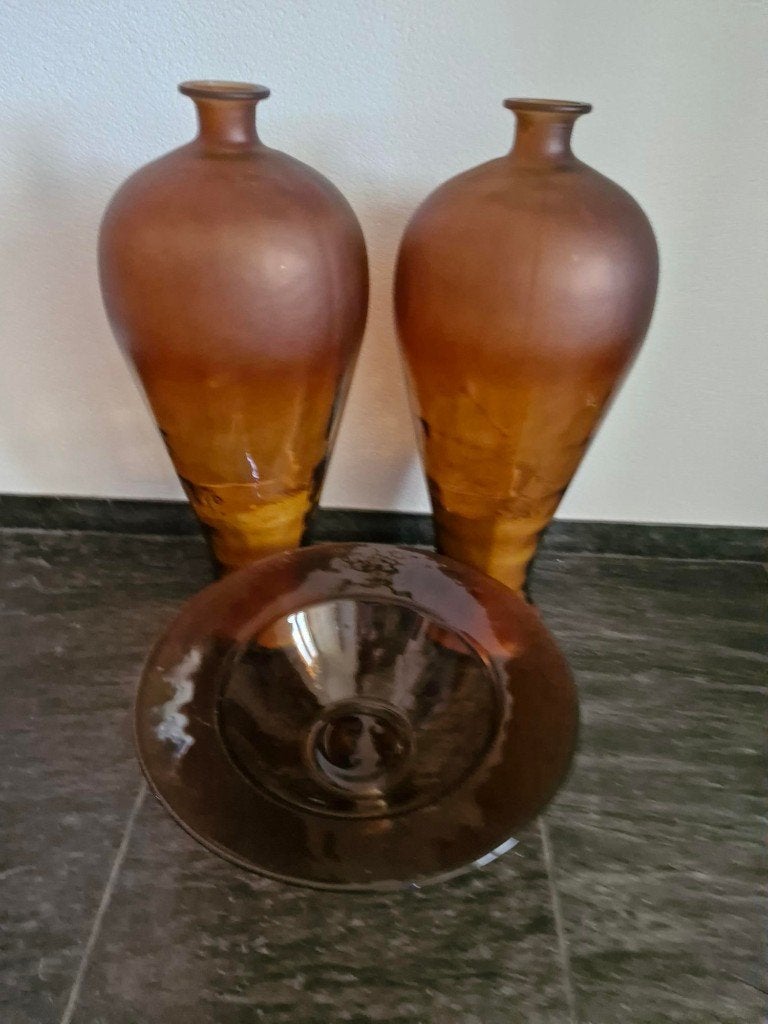 2 oranje vazen 60 cm en schaal, Ophalen, Gebruikt, 50 tot 75 cm, Oranje