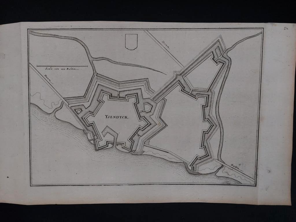 24 / Plattegrond IJzendijke  - Ysendyck Gravure uit 1659, Ophalen of Verzenden