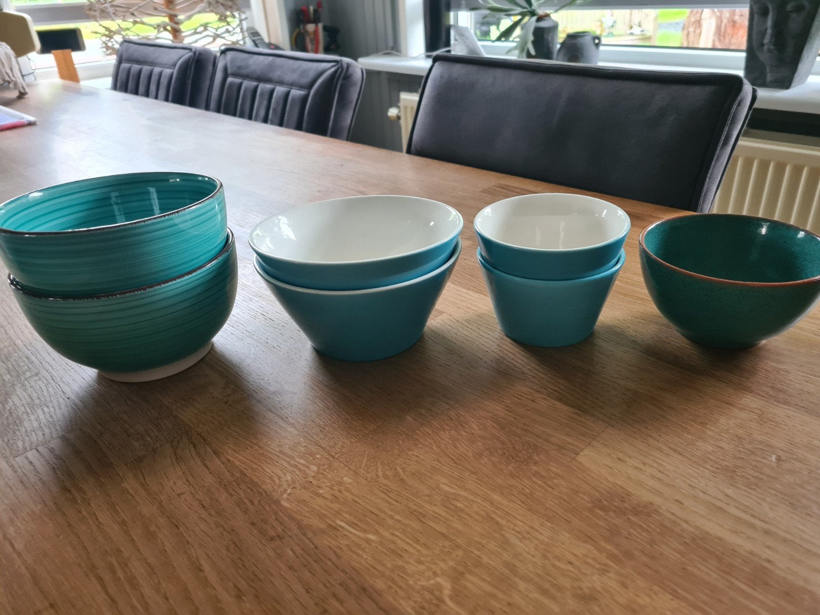 7 aqua blauwe schaaltjes, Huis en Inrichting, Ophalen of Verzenden, Gebruikt, Schaal of Schalen