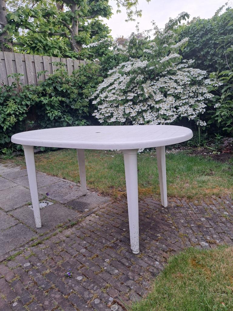 Ovale kunststof tuintafel - Wit met 3 stoelen en 4 kussens, Ophalen, Gebruikt, Ovaal, Kunststof