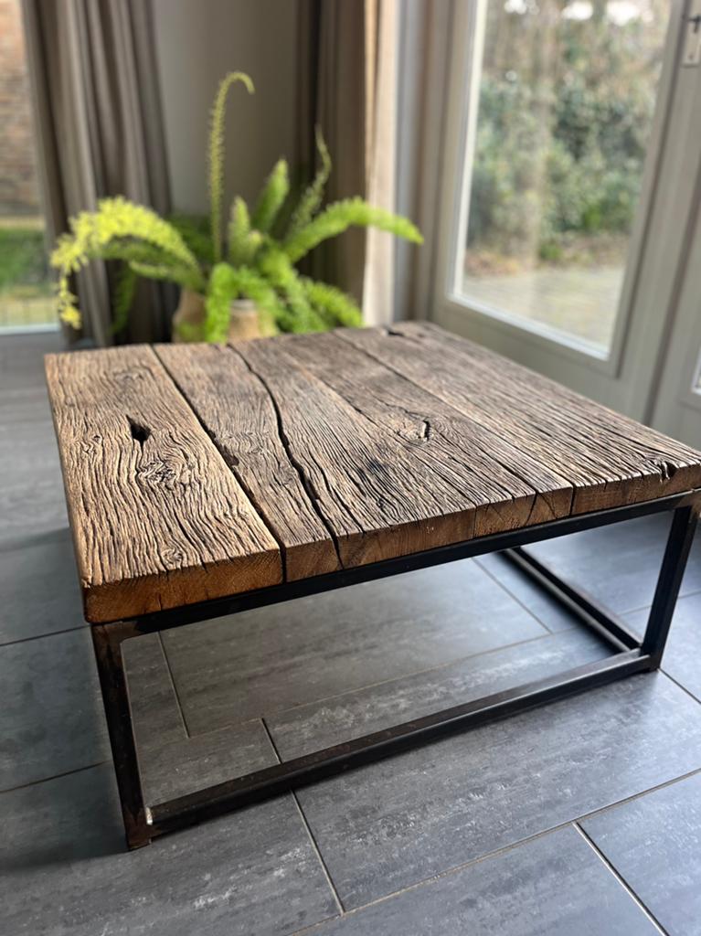 Salontafel vierkant hardhout metaal industrieel landelijk, 50 tot 100 cm, Vierkant, 50 tot 100 cm, Minder dan 50 cm