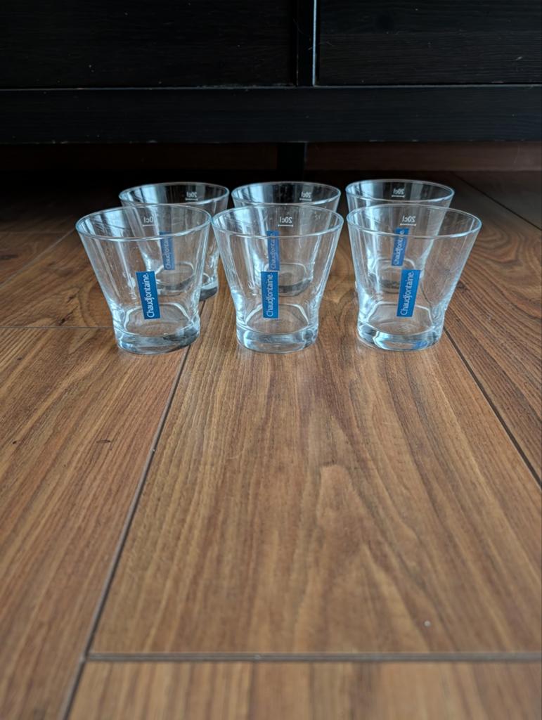 6 Chaudfontaine glazen 20 cl stapelbaar, Ophalen, Gebruikt, Glas, Glas of Glazen
