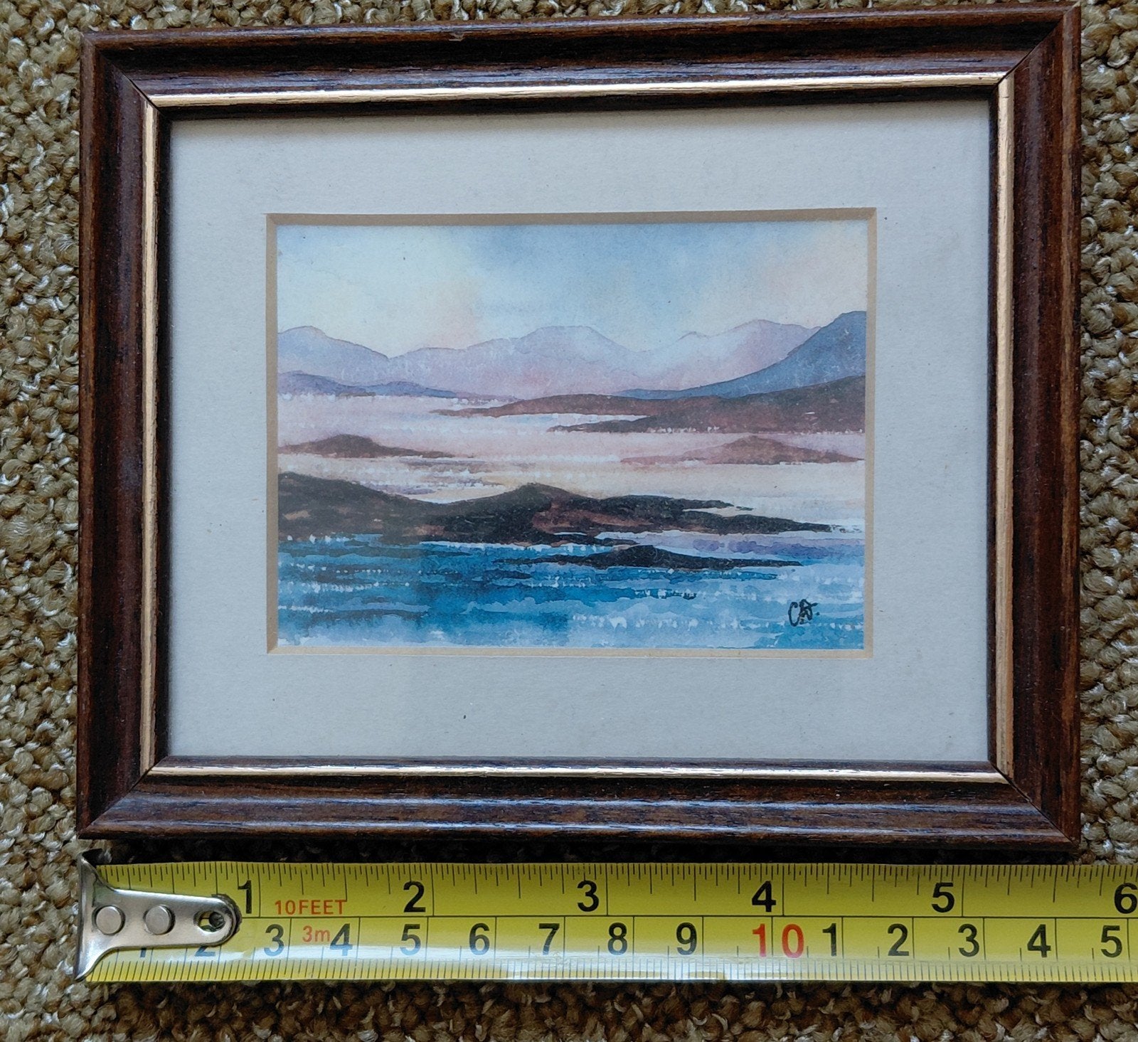 Ingelijste aquarel: Bergen en waterlandschap, Antiek en Kunst, Ophalen of Verzenden