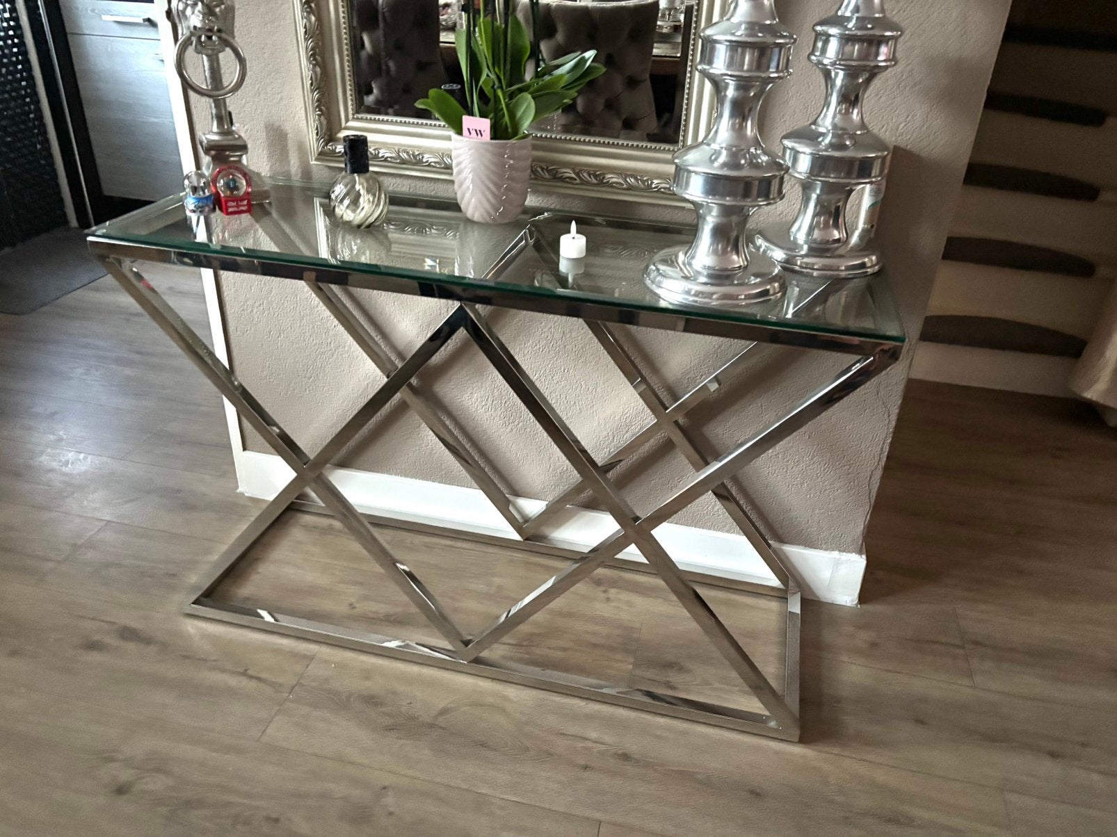 Te koop zilveren sidetable eichholtz eric kuster richmond, Ophalen, 100 tot 150 cm, Glas, Zo goed als nieuw
