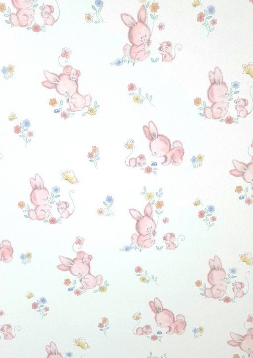 12813 Roze konijnen behang met muisjes voor babykamer swiet, Ophalen of Verzenden, Geel