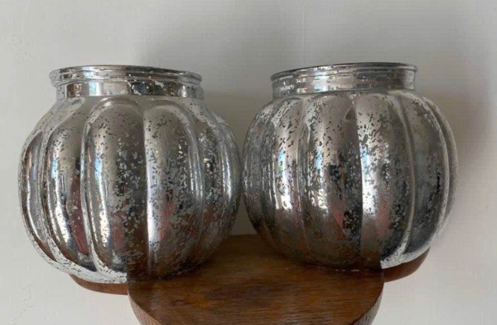 Set van 2 zilverkleurige glazen vazen/windlichten, Ophalen of Verzenden, Geschikt voor droogbloemen, Zilver, Glas