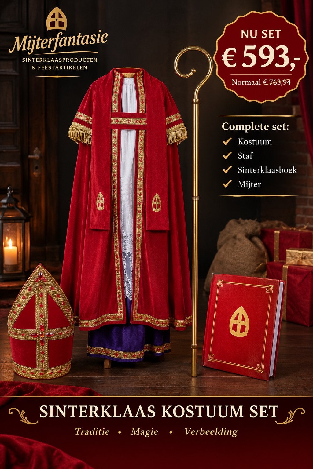 Sinterklaas kostuum compleet met mijter, boek en Staf!!!, Ophalen of Verzenden, Nieuw