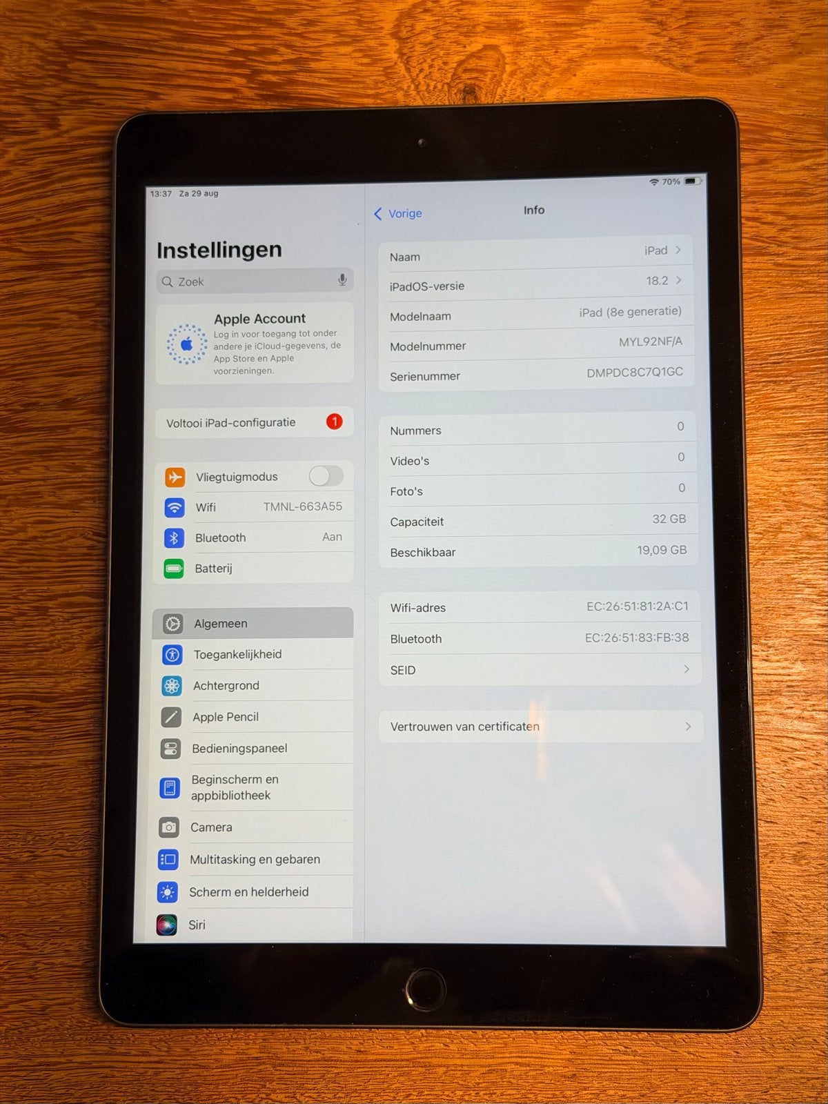 Apple iPad 8e generatie 32GB Wi-Fi Spacegrijs, 10 inch, 32 GB, Apple iPad, Ophalen of Verzenden