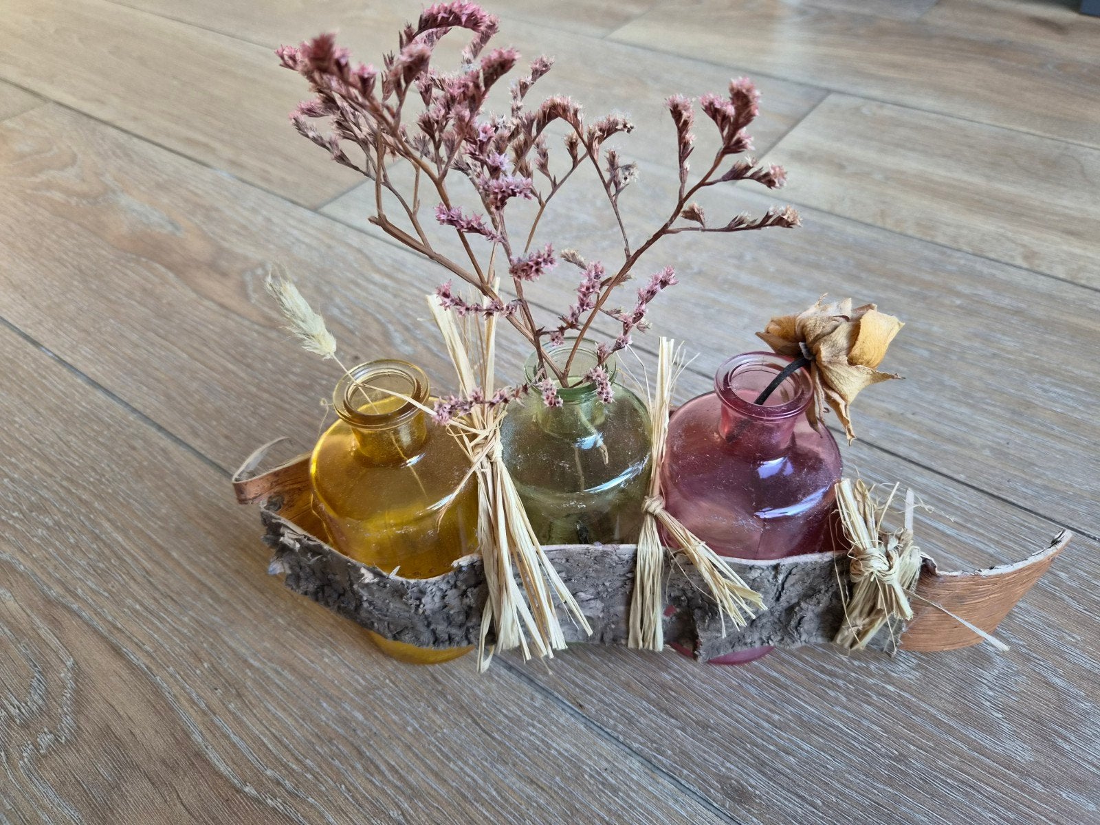 Set van 3 decoratieve vaasjes met droogbloemen, Ophalen, Gebruikt, Meerkleurig, Glas