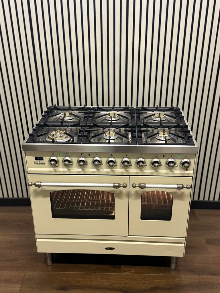 Luxe Boretti 6 pits creme Fornuis Incl. Afzuigkap 90 cm, Fornello Esperta, Ophalen of Verzenden, Zo goed als nieuw, Energieklasse A of zuiniger