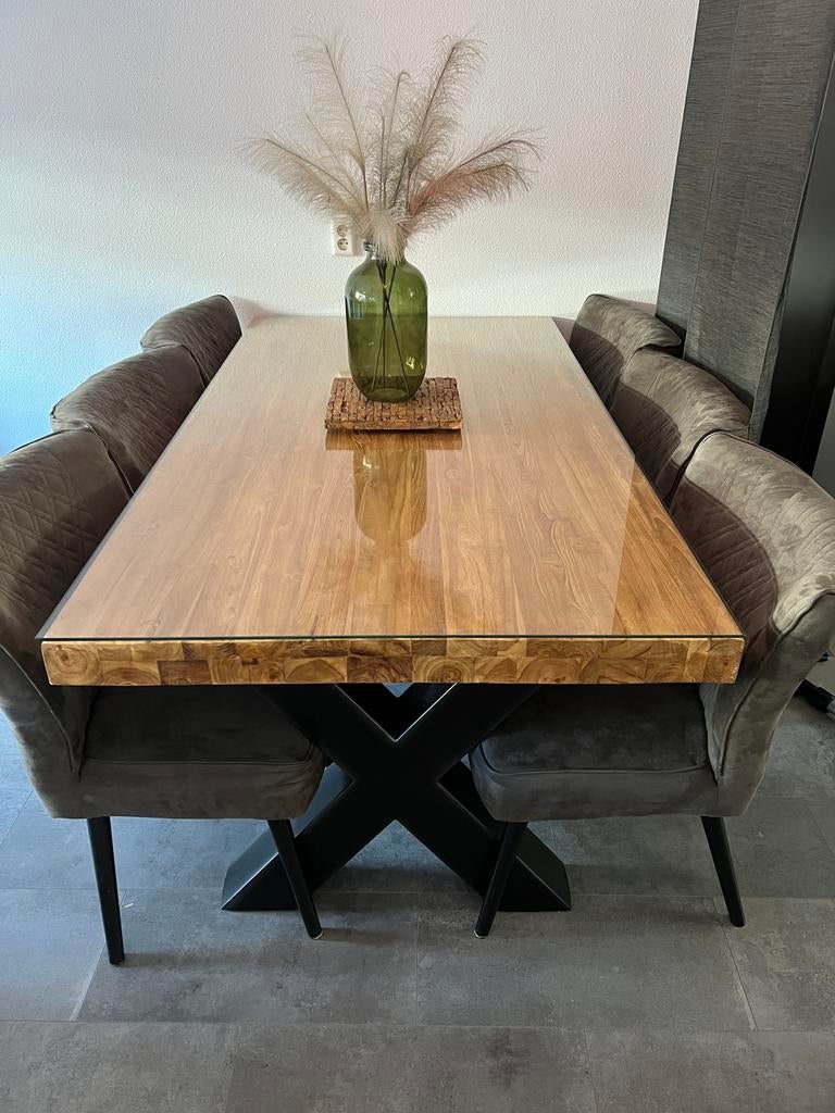 220x100 Moderne massief teakhouten eettafel met glazen blad, Huis en Inrichting, Tafels | Eettafels, Zo goed als nieuw, 100 tot 150 cm