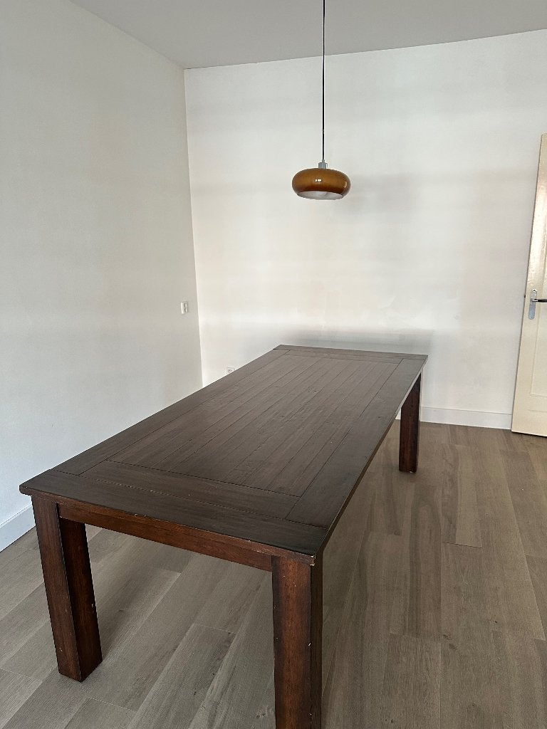 Massief houten eettafel, Ophalen, 100 tot 150 cm, Zo goed als nieuw, Vijf personen of meer