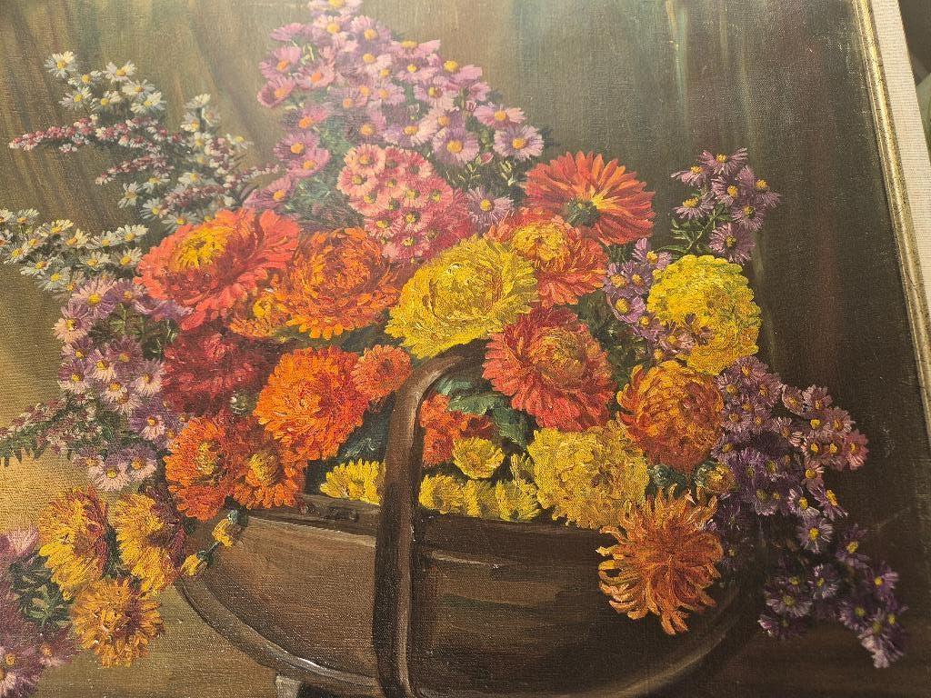 Olie op doek schilderij bloemenpracht 61x51cm oranjetinten, Ophalen