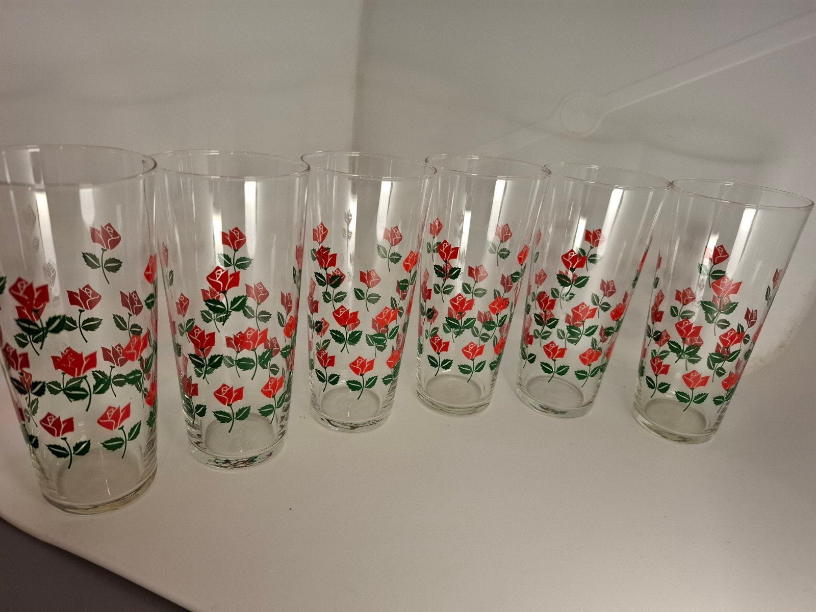 10) set van 6 limonadeglazen met rozenmotief – jaren 60, Ophalen of Verzenden