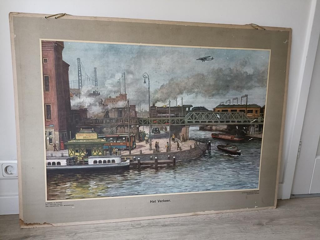 Schoolplaat Gabriëlse ' Het Verkeer '. Rond 1935., Antiek en Kunst, Ophalen of Verzenden, Stad- en Dorpsgezichten