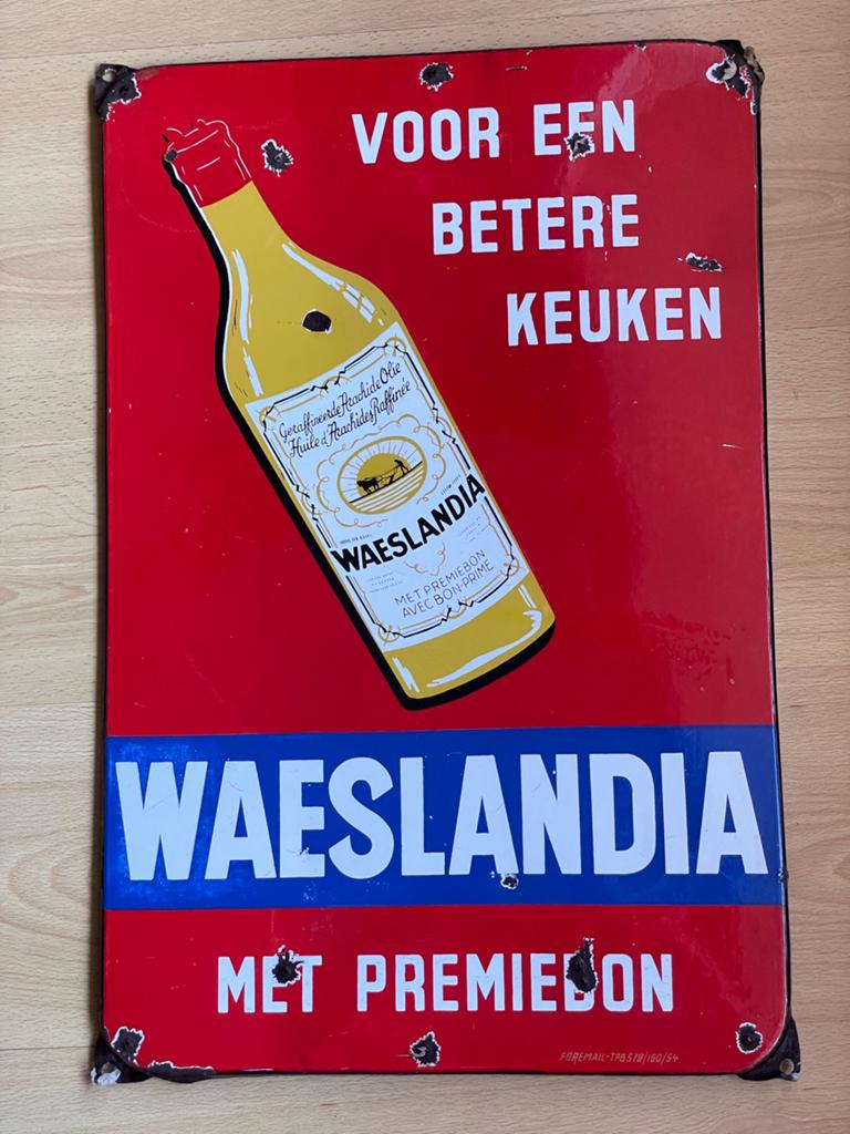 Emaille reclamebord Waeslandia / olie / keuken., Verzamelen, Merken en Reclamevoorwerpen, Reclamebord, Gebruikt, Ophalen of Verzenden