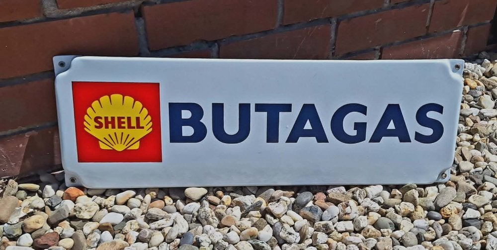 Vintage Shell Butagas emaille reclamebord., Verzamelen, Reclamebord, Gebruikt, ., Ophalen of Verzenden